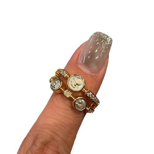 Vintage Antique Double-Layer Athena Three Ancient Coin Ring, High-End Niche Personality Design, Retro Index Finger Ring