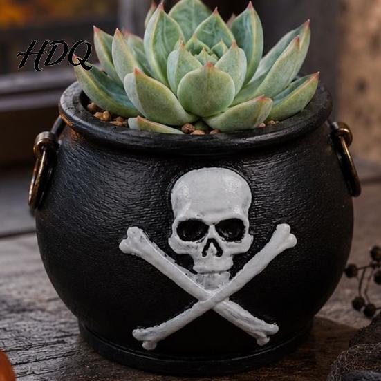 Vintage Metallhenkel Topf Hexenkessel Pflanzgefäß, Halloween Totenkopf Blumentopf, Gotischer Harz Mini Topfpflanzen Halter Schwarze Süßigkeitenschale für Kräuter,