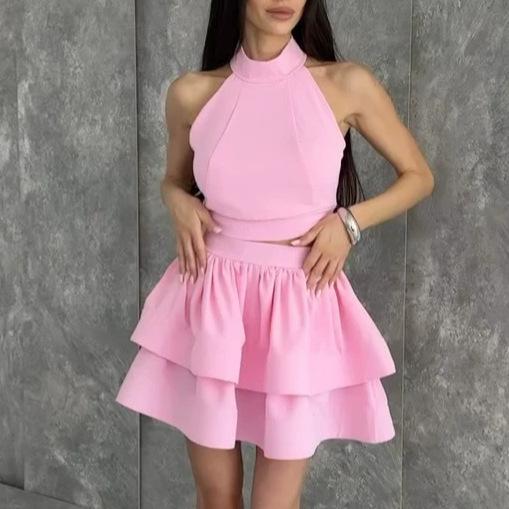 Vêtements pour femmes européens et américains nouveau col montant sans manches moulant court haut taille haute jupe courte à volants ensemble