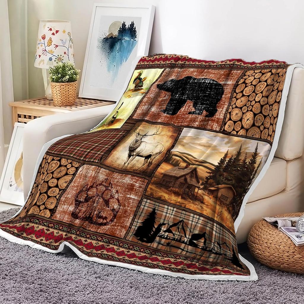 Rustikales Bauernhaus Überwurfdecke Gemütlich Warm Hirsch Bär Sport Fleece Flanell für Sofa Bett Land Holz Jagd Camping Wald Deko