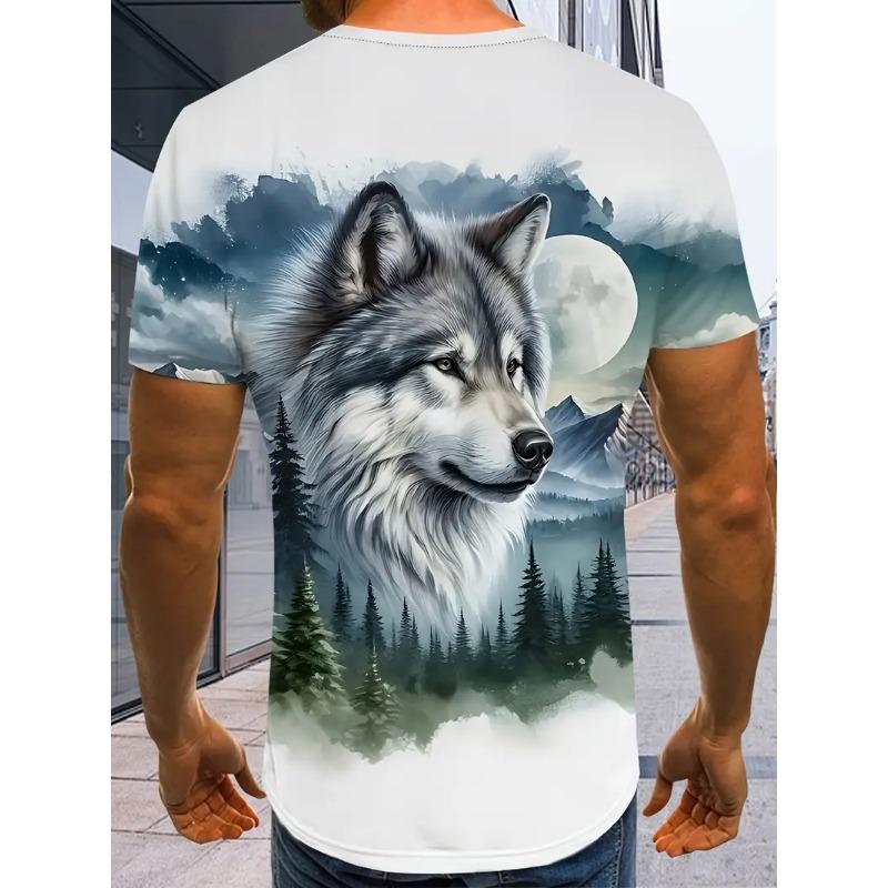 Men's 3D Printed T-shirt Casual Round Neck Lightweight Summer Trend Fashionable Versatile Wolf Pattern T-shirt