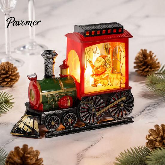 Snowy Christmas Night Ornament Train Snow with Light, Battery Powered Winter Desktop Decor Decoration, Swirling Glitter Decor, Lighted Tabletop