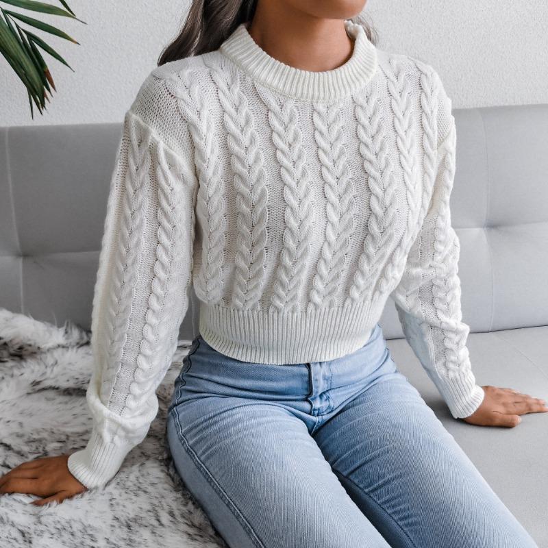 Autumn and winter new solid color twist knitted long-sleeved round neck pullover waist sexy spice sweater women