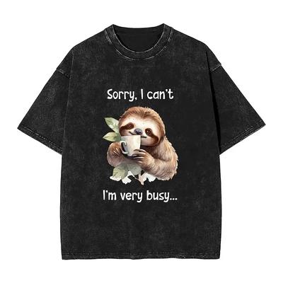 Lenistwo Pijące Kawę Koszulka Washed Męska Damska Przepraszam Nie Mogę Jestem Bardzo Zajęty Streetwear T-Shirty Plażowa Koszulka z Okrągłym Dekoltem