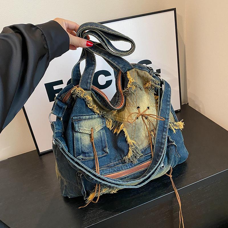 Borsa Tote in Denim Vintage da Donna con Stile Punk Street Grande Capacità