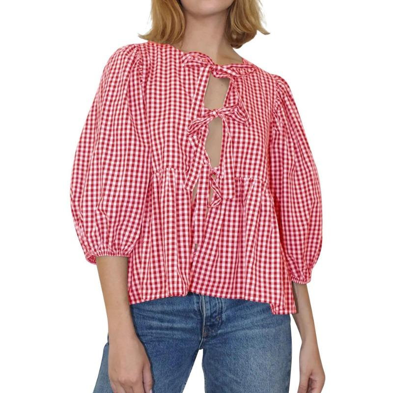 Spring and Summer Sweet and Casual Lace-up Striped Women's Blouses & Shirts