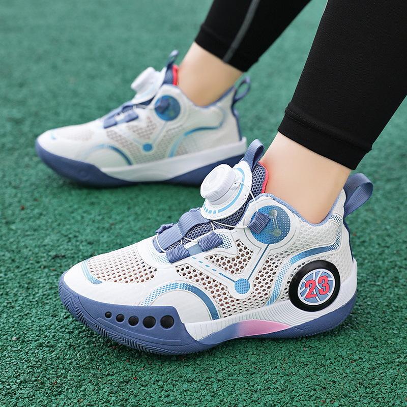 Boys Shoes Sports Mesh Shoes Rotating Button Youth Breathable Mesh Shock Absorption Children's Basketball Shoes Students