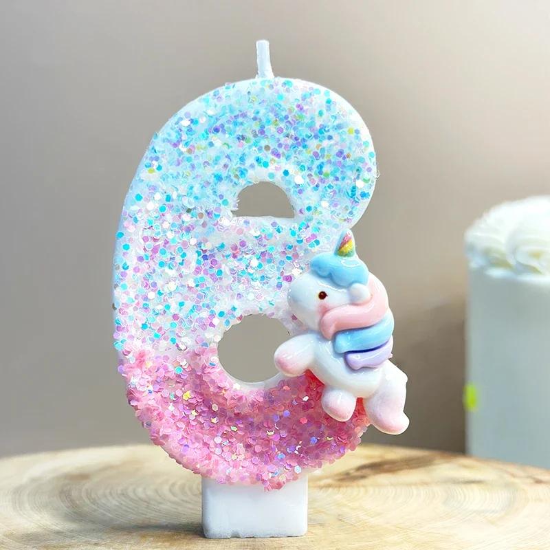 Unicorn Birthday Candles 0-9 Number Pink Blue Cake Candle Fashion Cartoon Anime Topper Party Cute Decoration Animal