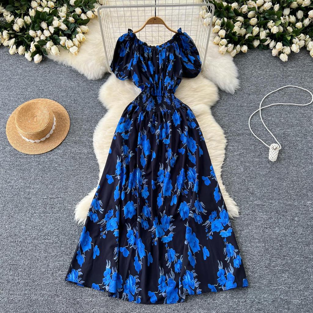 Retro Off Shoulder Dress Puff Sleeve Print Beach Vacation Women Korean Fashion Summer Vestidos Dresses