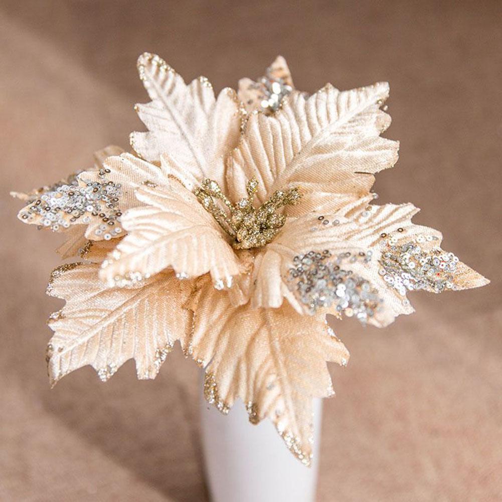 Festive Poinsettia Glitter Artificial Flowers Christmas Tree Decoration