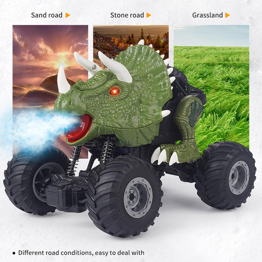 Remote Control Dinosaur Car Triceratops Green RC Stunt Car Toy with Spray and Light