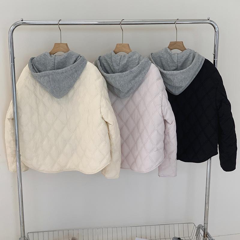 Autumn and winter new loose casual rhombus line jacket fake two-piece detachable splicing hooded cotton jacket