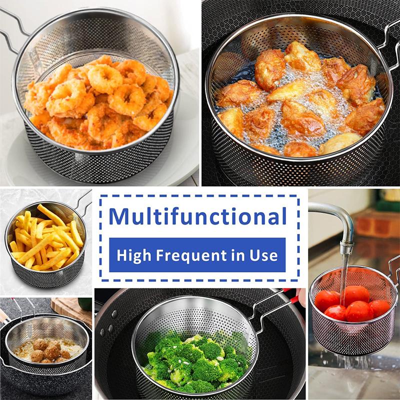LMETJMA Deep Fryer Basket Round Stainless Steel Fry Baskets With Silicone Handle and Resting Hook for French Chips JT96
