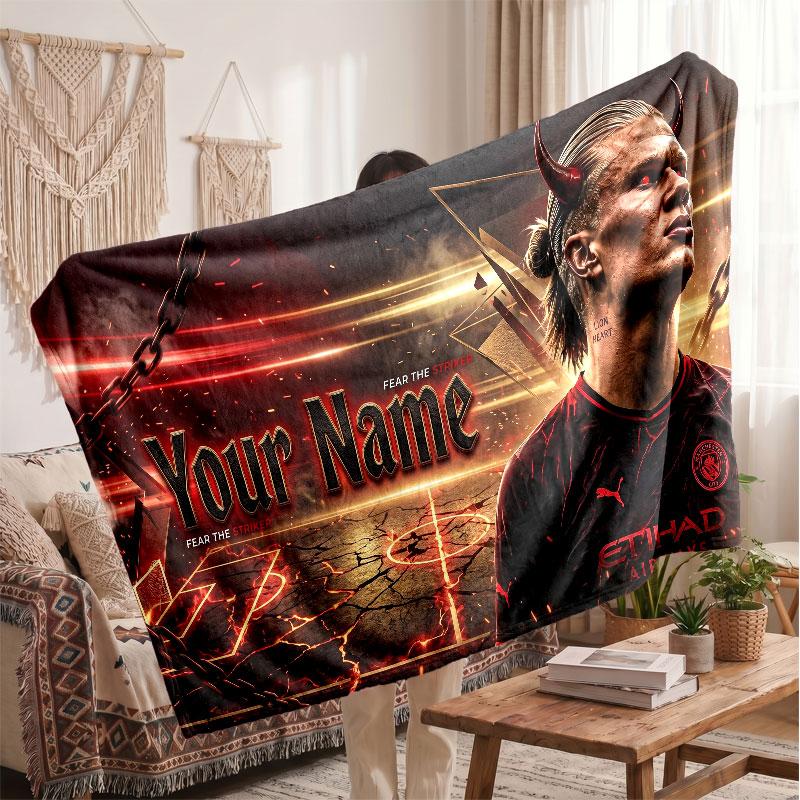 Erling Haaland Personalized Fleece Blanket With Football Logo, Custom Name Text Soft Warm Home Throw Blanket
