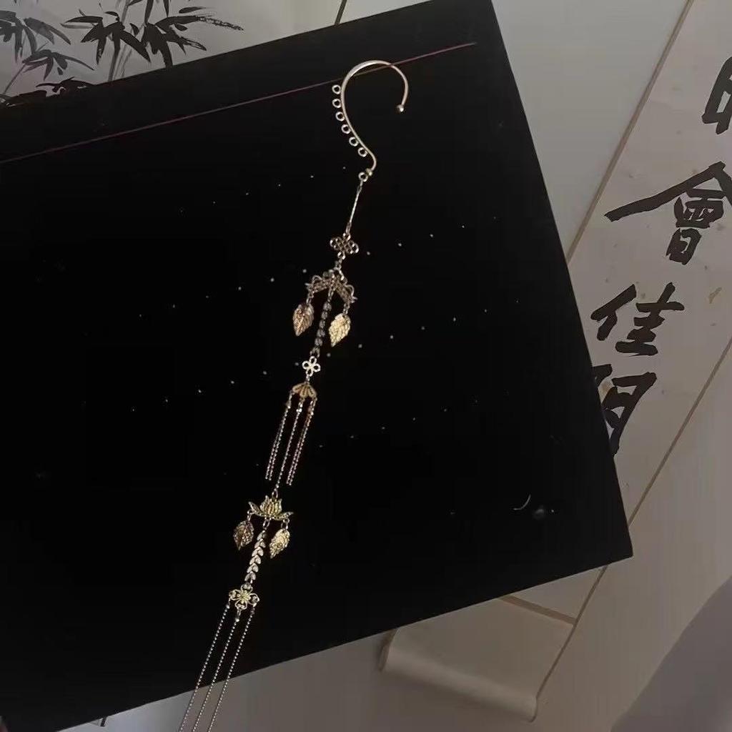 Mountain Ghost Flower Copper Coin Earrings with Tassels - Unisex Hanfu Style Ear Cuffs