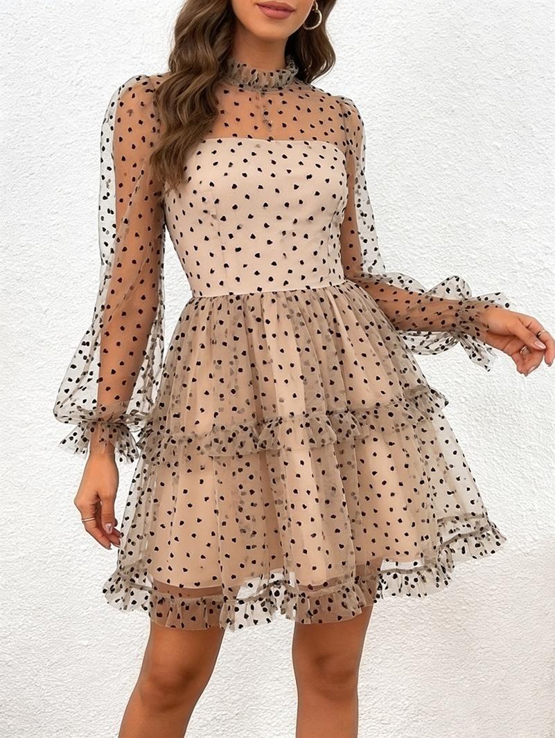 

European and American style polka dot mesh splicing dress women s long-sleeved high-necked thin short skirt retro elegant temperament skirt XS