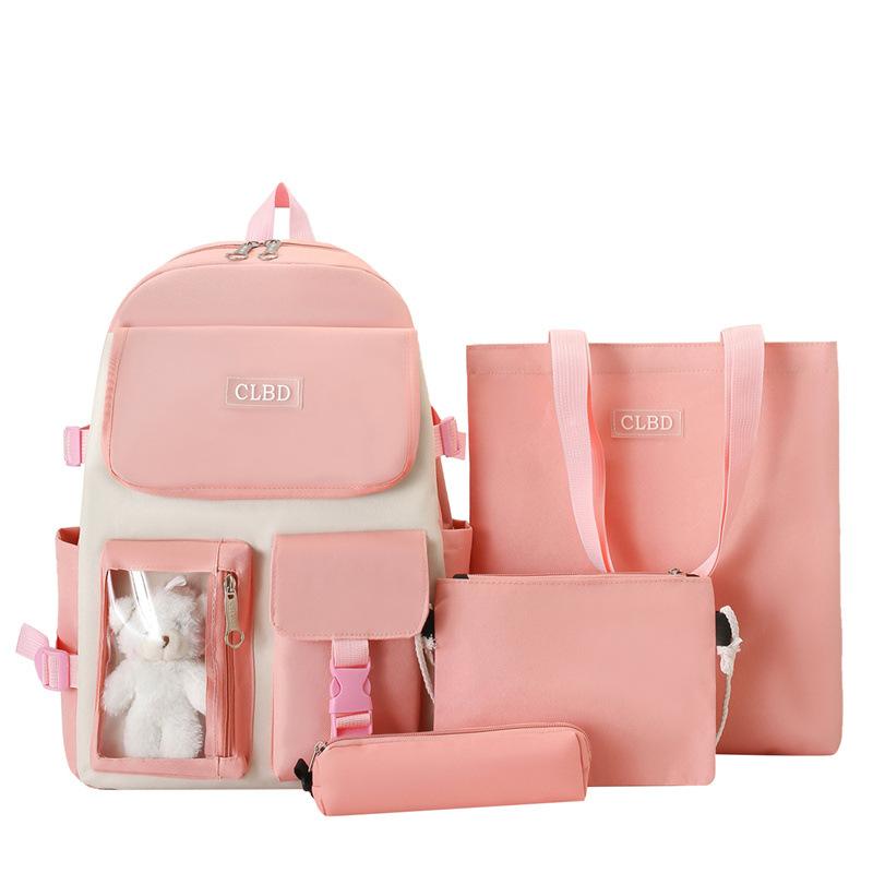 Four-piece Student Schoolbag Korean Version, Lightweight Tutoring Backpack, Fresh, Sweet, Simple and Large-capacity Canvas Bag