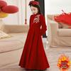 Girls' Formal Red Embroidered Dress - Korean Velvet Silver Fox, Elegant Long-Sleeve, 410g
