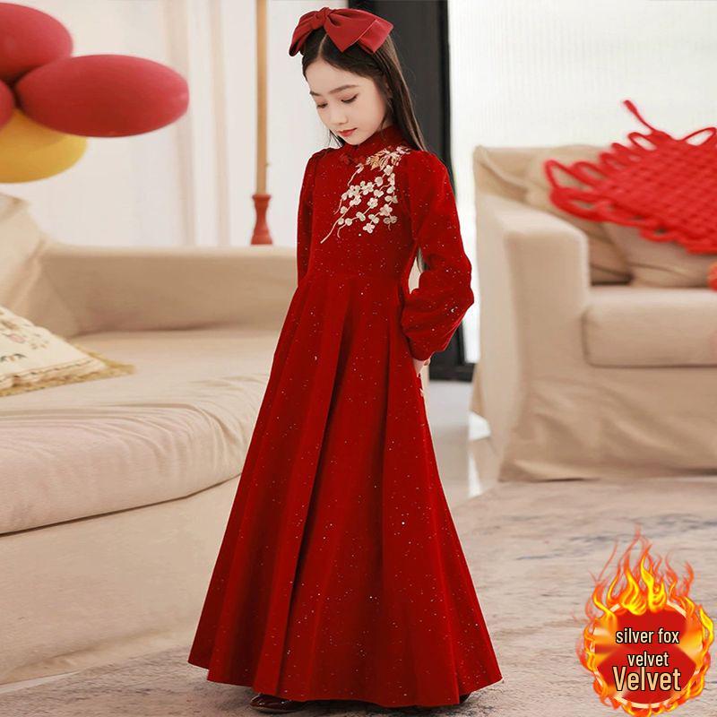 Girls' Formal Red Embroidered Dress - Korean Velvet Silver Fox, Elegant Long-Sleeve, 410g