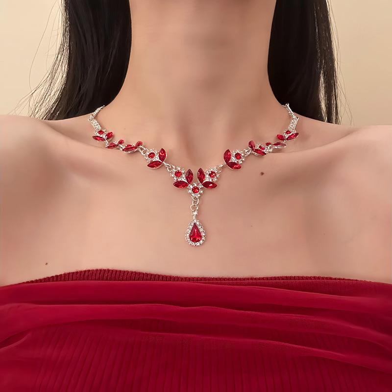 European and American court style diamond-encrusted flower water drop stud earrings necklace collarbone chain jewelry set female