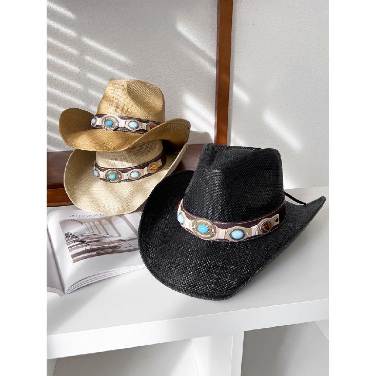 Western cowboy style straw hat for women, summer wide-brimmed hiking sun hat, ethnic style knight hat, men's sun protection hat