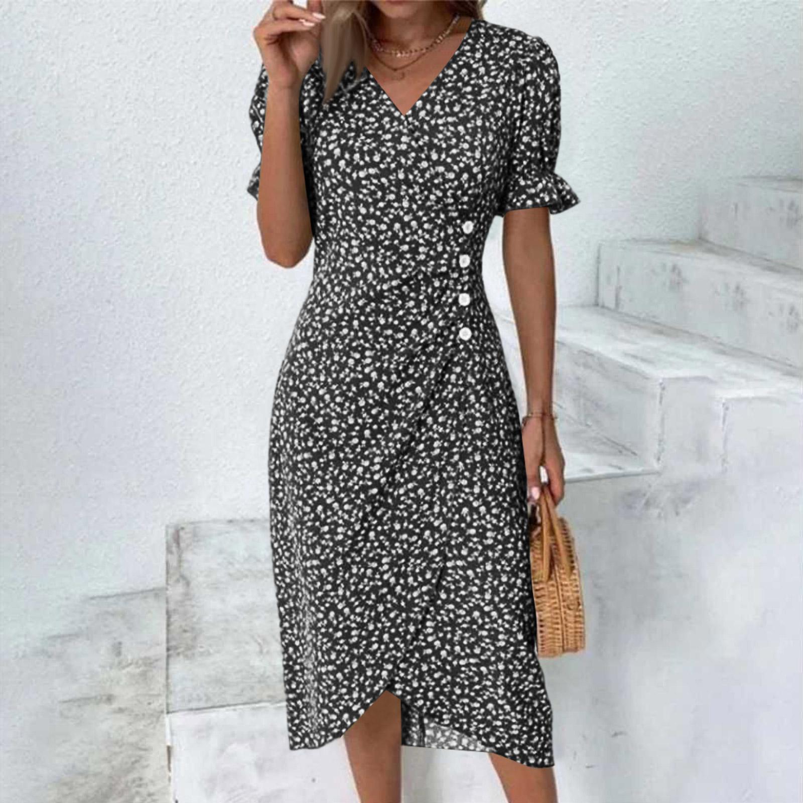 Women s Summer Casual Dress V Neck A-line Boho Ditsy Floral Flounce Sleeve Wrap Hem Dress L чёрный