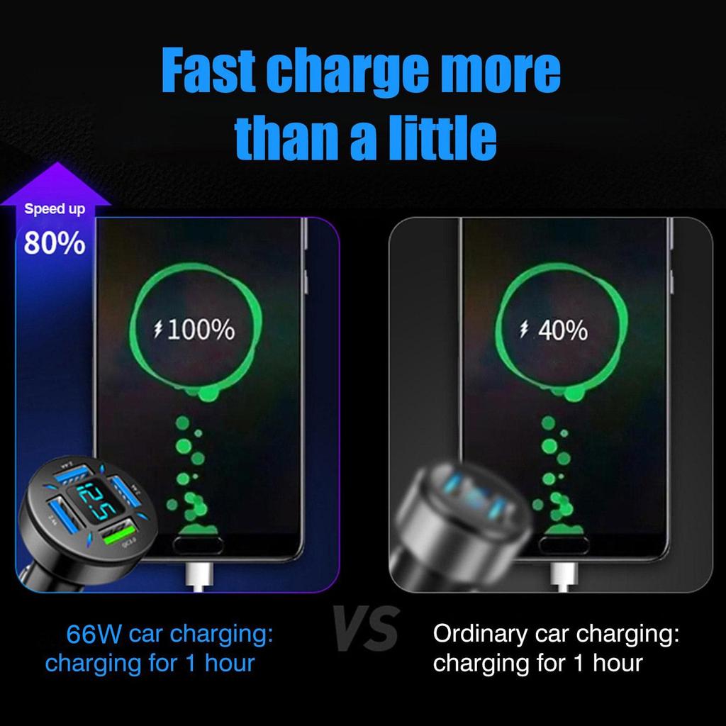 66W Car Charger Quick Charge Cigarette Lighter Adapter 4-Port USB A+USB C Fast Charging Phone Charger For IPhone