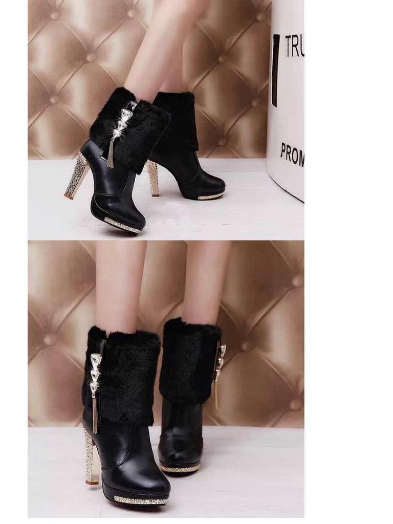 Botines Negros para Mujer con Tacones Gruesos, Lazo y Forro Peludo - Botas de Nieve de Algodón Grueso para Invierno