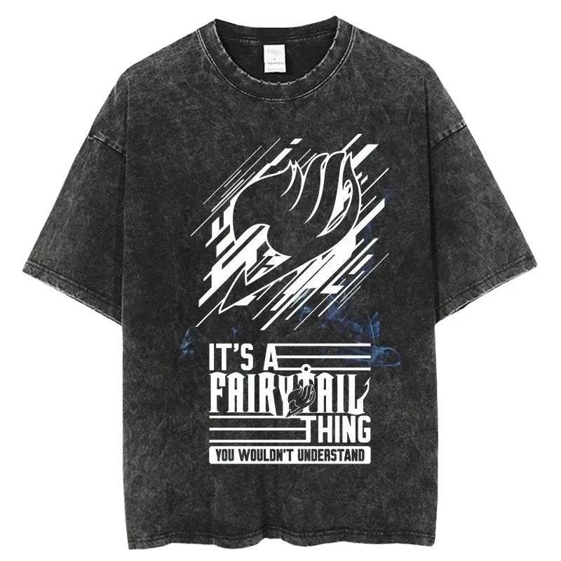 2026 Summer Vintage Washed Fairy Tail Manga Cover Anime T-Shirt Unisex Oversized Streetwear Cotton Short Sleeve Casual Tops