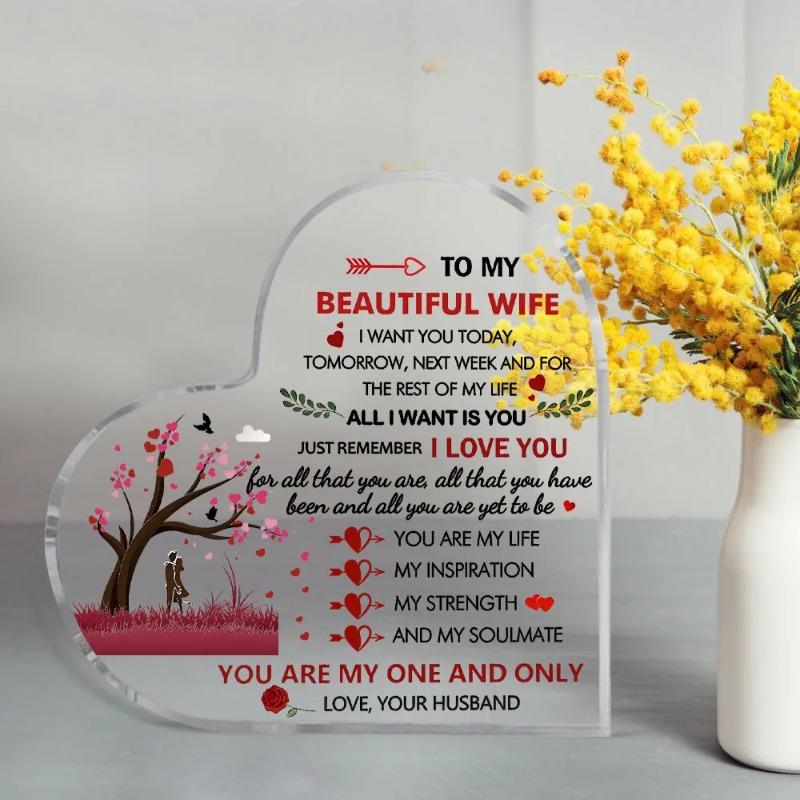 2D Flat Wife Gifts Acrylic Heart Keepsake Desktop Decorative Plaque, Home Decor Plaque Hanging Wall Art Decorative Garden Decoration for Room Door Sig
