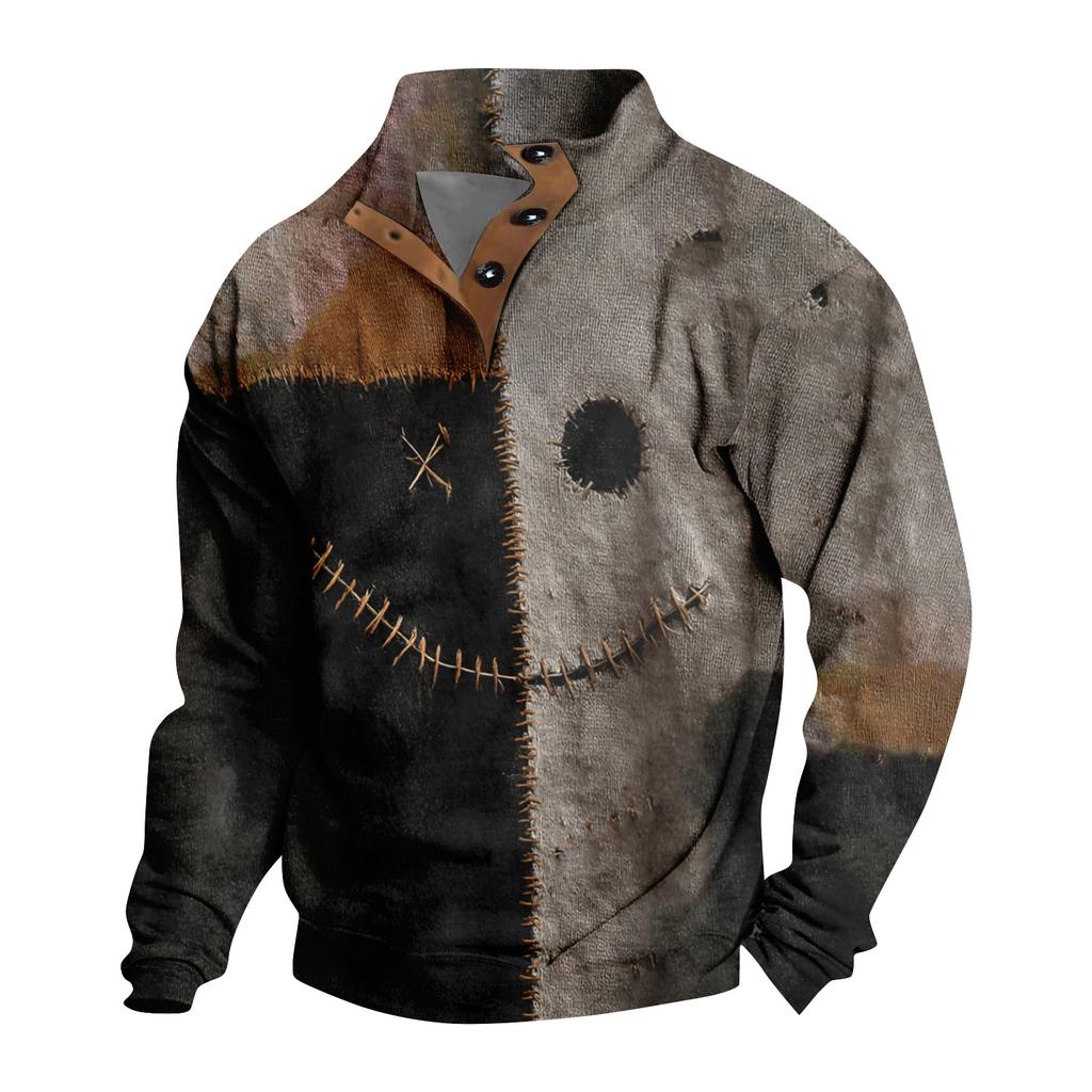 Men's Casual Fashion Christmas Printed Hoodless Sweatshirt Wide Men's Loose Button Stand Collar Hooded Sweatshirt