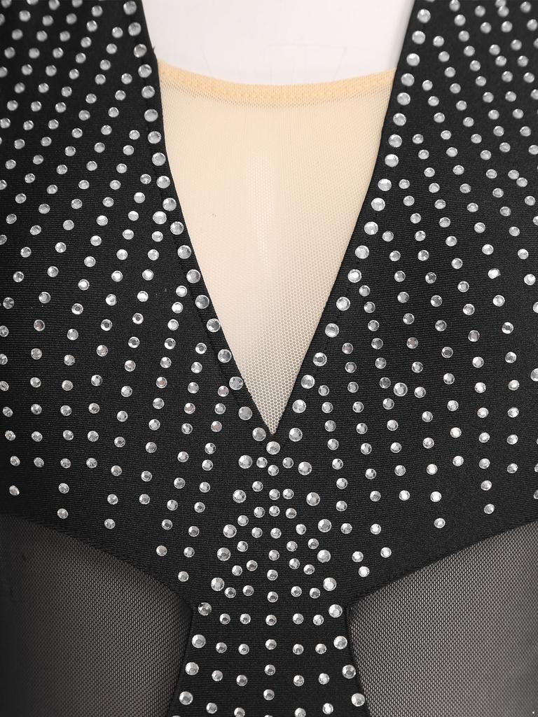 Damski trykot body do tańca latynoamerykańskiego Tango Siateczkowe wstawki Błyszczące dżety Frędzle Długi rękaw Rozpinany krok Kombinezon