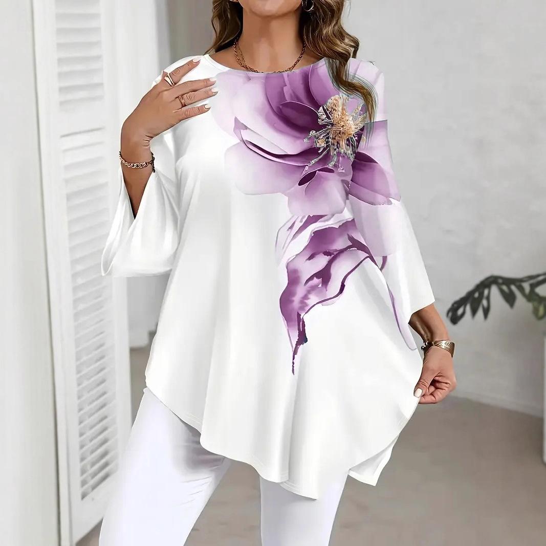

2026 New Casual Versatile Top Floral Print Round Neck T-shirt 5XL
