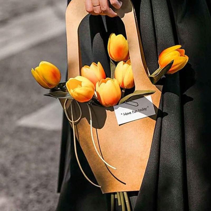 10 Piezas Bolsas de Embalaje para Decoración de Ramo de Flores de Papel Kraft con Asas, Bolsas Sencillas de Papel Kraft Marrón para Ramo de Flores de Boda