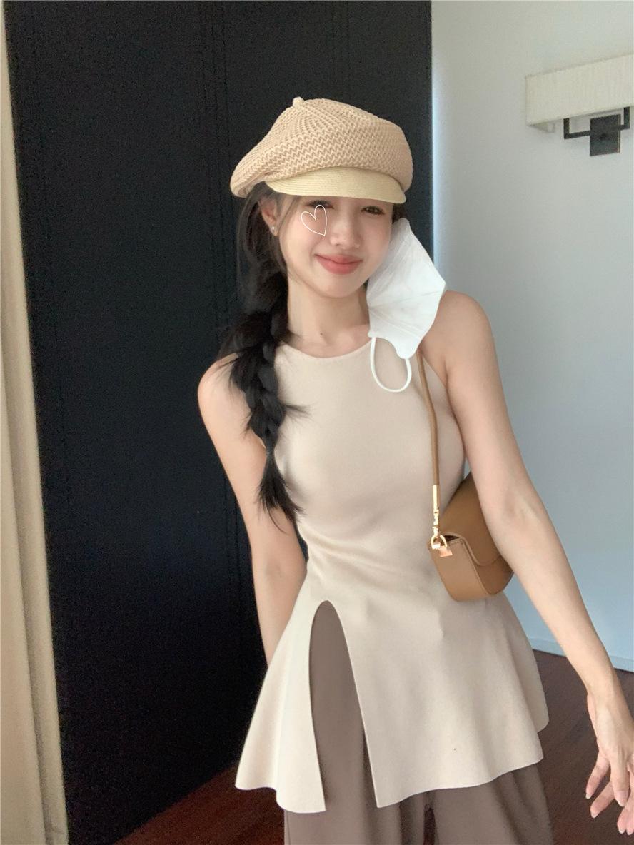 

Pure desire wind knitted chic suspender vest women s summer wear slim open fork sleeveless sweet and spicy small top tide One size fits all абрикосовый