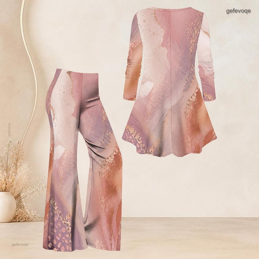 Women Plus Size V Neck Three Quarter Sleeve Marble Printed Blue Flared Top And Flared Pants Two Piece Set