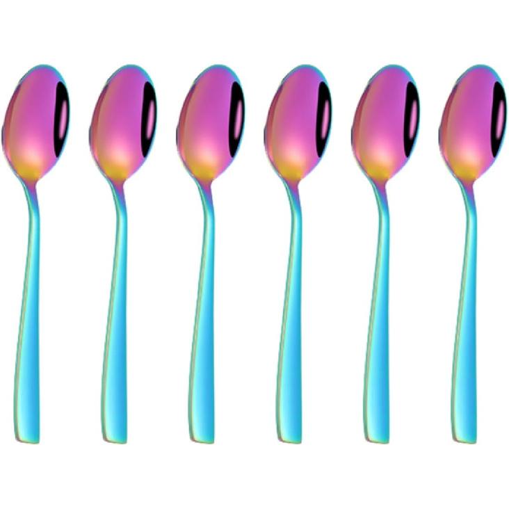 Rainbow Teaspoon Set of 6, 6 inches Mini Stainless Steel Silverware Dessert Spoons Espresso Spoons for Home, Kitchen, Restaurant, Mirror Finish and