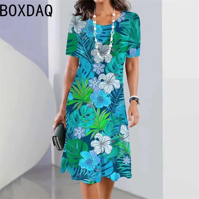 3D Hawaii Coconut Tree Print A-Line Dress Women Summer Beach Elegant Boho A-Line Dress Big Size Short Sleeve O-Neck Casual Dress