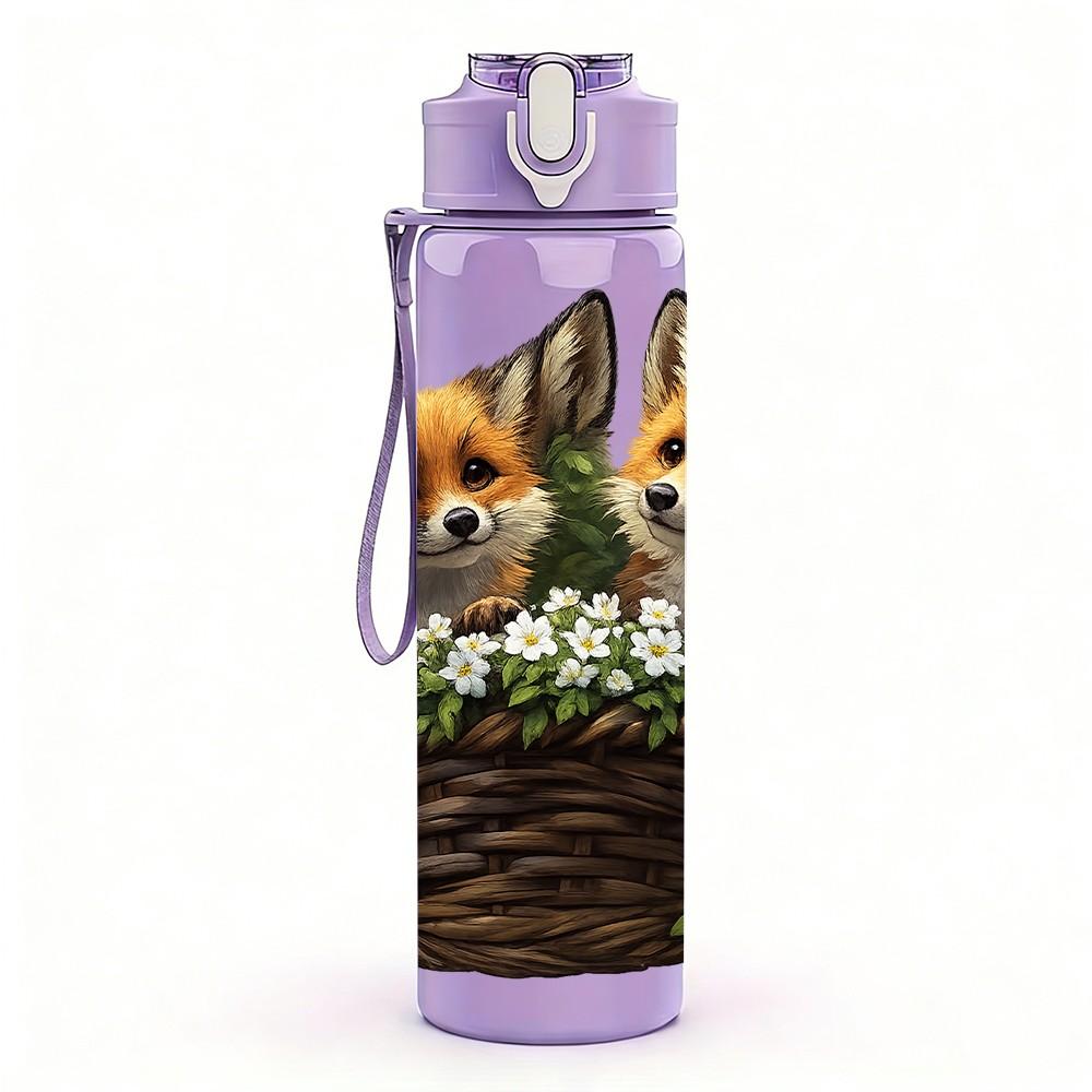 1PC Two Fox In Woven Basket Print 750ml Color Plastic Sports Water Bottle Leakproof Flip Straw Lid Suitable for Sports Office Home Use