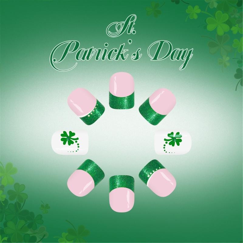 24Pieces Short Fake Nail Light Green Leaf Design Glitters Design French Elegant ABS Artificial Nail for Easy Application