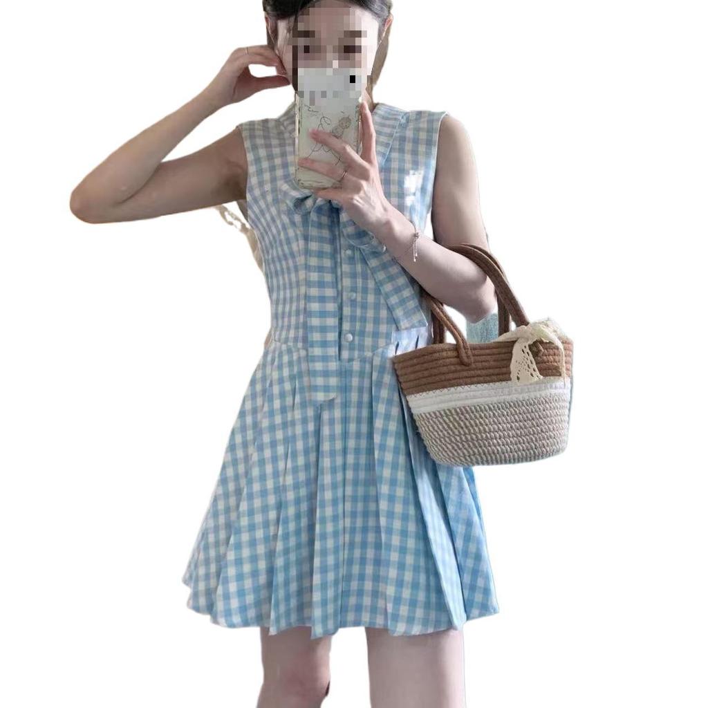 Fresh girly style V-neck plaid bow dress for women's small summer new, pleated skirt short