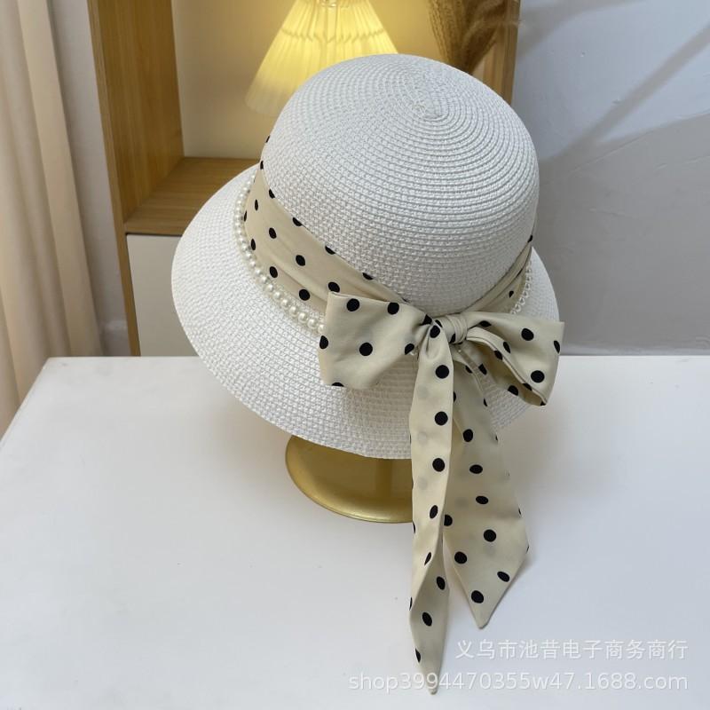 Designer Polka Dot Bow Streamer Pearl Top Hat Women's Atmosphere Seaside Vacation Sun Hat Straw Hat