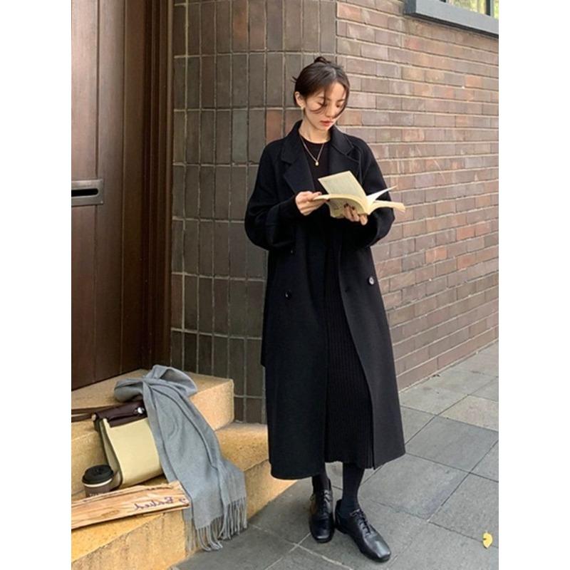 Solid Color Woolen Coat Mid-length Women's Autumn and Winter All-match Internet Celebrity Thickened Hong Kong-style Loose Woolen Coat