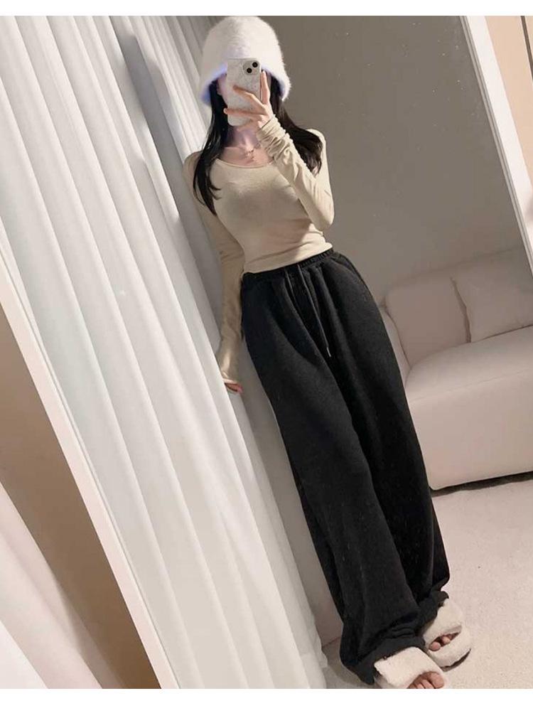 Korean Dongdaemun U-Neck Ribbon Slimming Long-Sleeve T-Shirt for Women - Sexy & Versatile