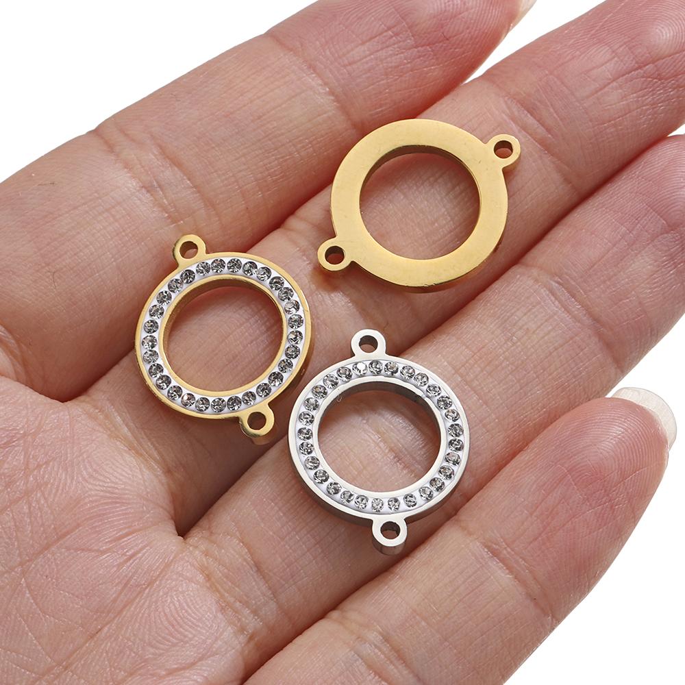 No Fade 5pcs Stainless Steel Round Rhinestone Connectors Charms Pendants For Bracelet Necklace Jewelry Making DIY Handmade