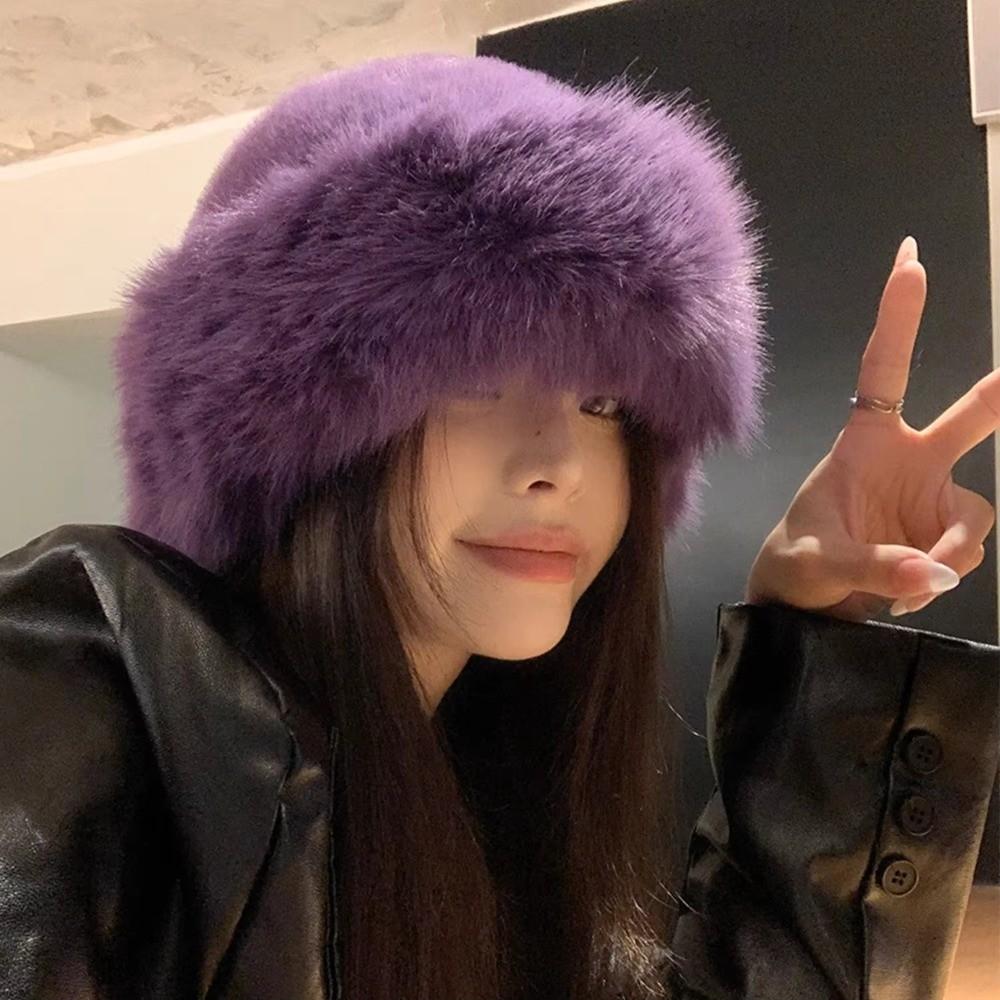 New Fluffy Fur Winter Hat Plush Thicken Bucket Hat Solid Color Cold Windproof Berets Chrismas Gifts