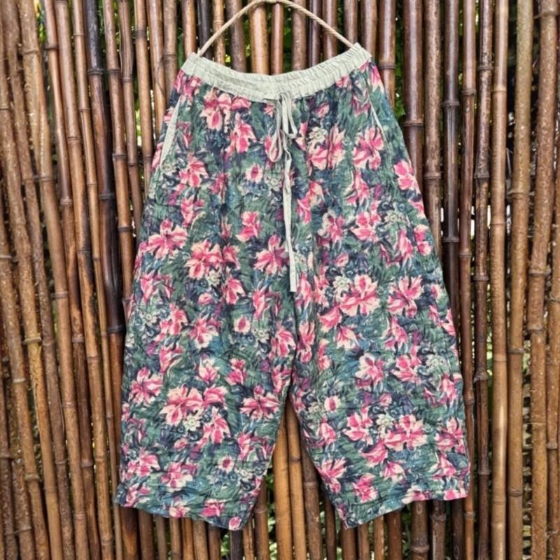 Johnature Women Vintage Wide Leg Pants Elastic Waist Pockets Autumn Loose Trousers Print Floral Belt Soft Pants