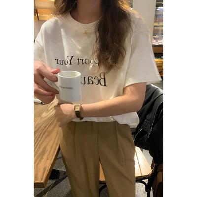 New Spring and Summer Letter Short-sleeved T-shirt for Women Korean Style Loose Cotton Base White Half-sleeved Top