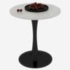 27.6-Inch black coffee table, mid-century modern style, for 2-4 people, round marble tabletop with a white veined finish, various settings.