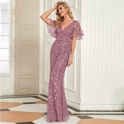 Ever-Pretty Women's V-Neck Sparkly Embroidery Mermaid Evening Party Dress Dusty Blue Simple Backless Bridesmaid Dress